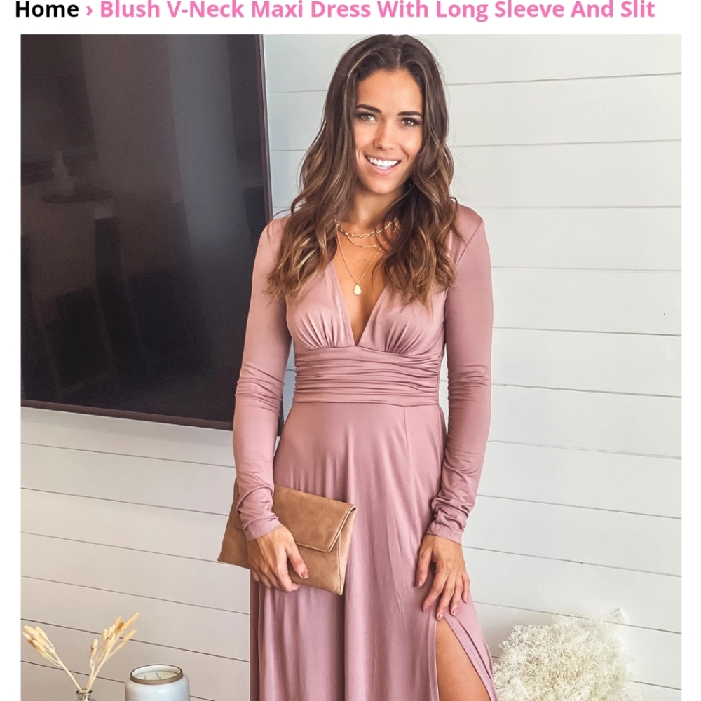 Blush V-Neck Maxi Dress with Long Sleeve and Slit